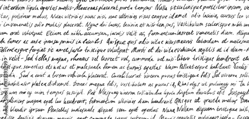 Seamless unreadable poetry banner. Cursive English text written by pen. Seamless horizontal pattern with Latin or English illegible words texture. Linear cursive lettering, handwritten abstract script