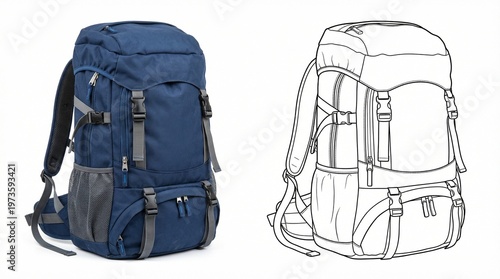 Blue hiking backpack detailed line art illustration and realistic photo travel gear for outdoor adventure isolated on white