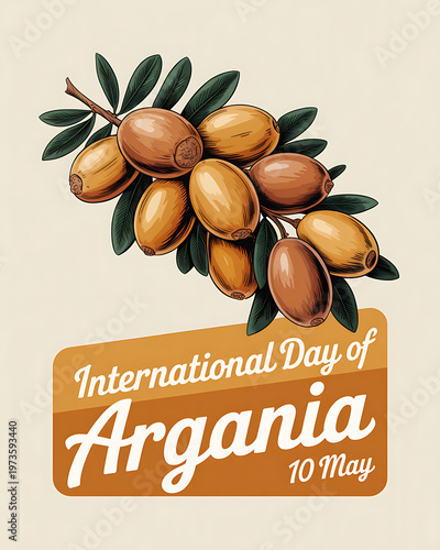 Illustration for international day of argania on may 10th with argan tree branch and fruits