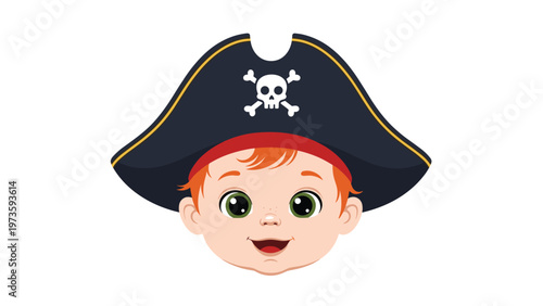 Cute baby boy character with red hair wearing a black pirate hat with a skull and crossbones isolated on white.
