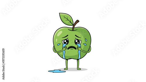 Sad green apple character with big eyes crying tears and standing over a small puddle of water in a cute cartoon illustration style.