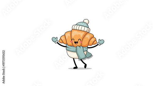 Cheerful cartoon croissant character wearing a light blue knit hat and matching scarf celebrating the winter season with open arms.