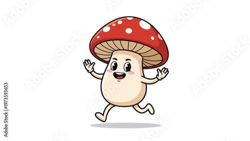 Happy red mushroom character with white spots running with joy in a playful cartoon illustration style for kids and nature designs.