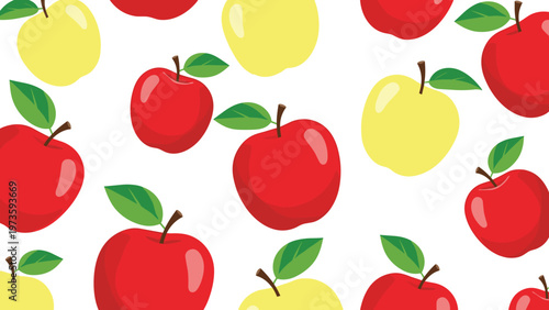 Colorful seamless pattern with whole red and yellow apples with green leaves scattered across a white background for kitchen decor.