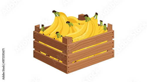 Large wooden crate filled with a huge bunch of ripe yellow bananas ready for sale in a simple flat vector illustration style.