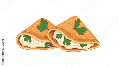 Two delicious crepes or pancakes folded and filled with white cream and fresh green parsley sprigs for a savory breakfast concept.