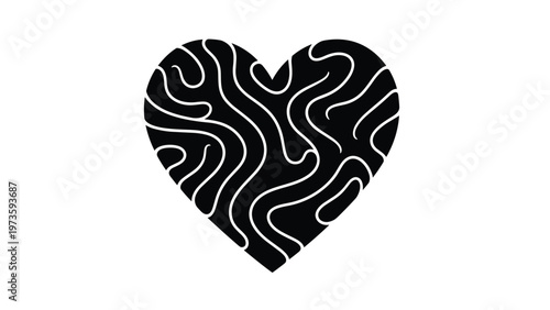 Stylized black heart icon filled with white organic wavy lines creating a unique abstract pattern for decorative or romantic purposes.