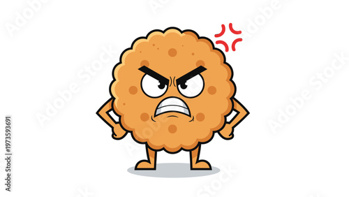 Angry cartoon biscuit or cracker character with an intense expression and red frustration marks in a bold flat vector illustration.