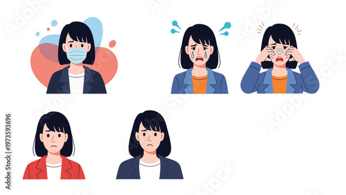 Collection of illustrations showing a young woman with dark hair expressing symptoms of illness, sadness, and wearing a medical mask.