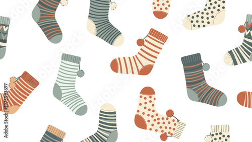 Cozy winter pattern featuring various warm knitted socks with stripes, polka dots, and pom-poms in a seamless repetitive design.