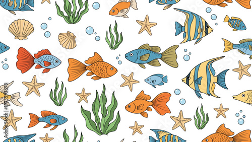 Vibrant seamless pattern depicting an underwater scene with various colorful tropical fish, seashells, bubbles, and green seaweed.