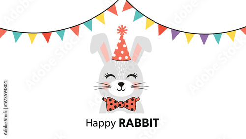 Cute cartoon rabbit wearing a party hat and polka dot bow tie under colorful bunting flags with happy rabbit text below.