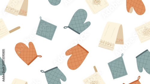 Seamless pattern of various kitchen items including oven mitts, pot holders, and hanging towels in earthy tones on white.