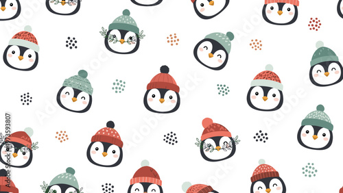 Winter pattern featuring cute penguin faces wearing different colored knit beanies and festive accessories on a white background.