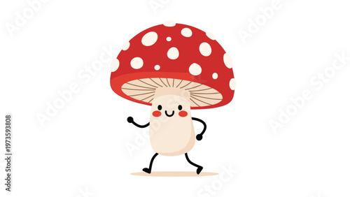 Cute cartoon fly agaric mushroom character with a red spotted cap running happily across the screen on a plain white background.