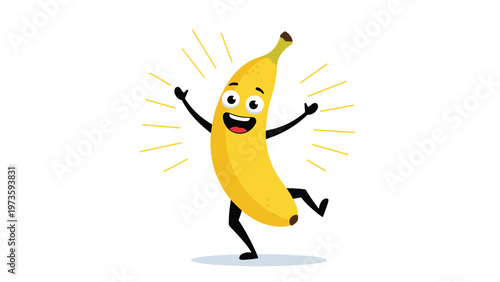 Cheerful cartoon banana character with a big smile jumping for joy against a radiating light background on white.