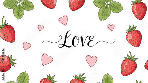Elegant banner with hand written love text surrounded by ripe strawberries and pink hearts on a plain white background.