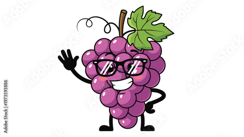 Cool cartoon grape character wearing sunglasses and waving a hand with a confident smile on a white background.