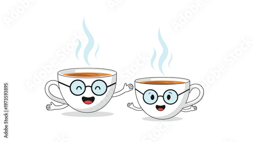Two happy cartoon coffee cup characters with glasses and steam rising from them waving on a white background.