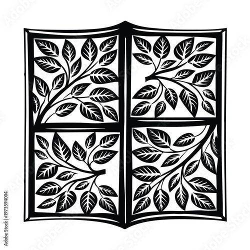 Black leafy branches, window pane design, botanical vector, decorative panel