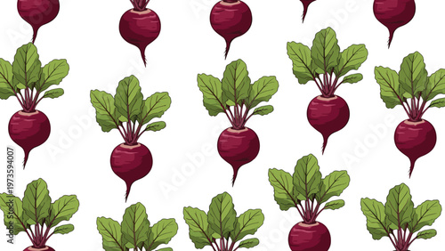 Seamless pattern of whole beetroots with vibrant green leaves and purple roots on a plain white background.