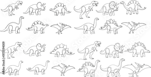 Dinosaur Icon Set Featuring Stegosaurus, Triceratops, Brachiosaurus, Pterodactyl, and Various Dinosaur Illustrations for Prehistoric, Animal, and Educational Designs