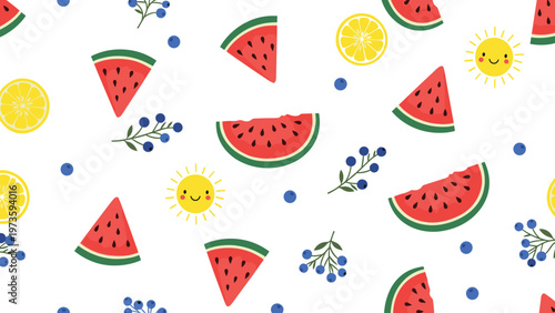 Cheerful summer pattern with watermelon wedges, lemon slices, blueberries, and smiling suns on a white background.