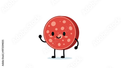 Happy cartoon pepperoni slice character with a friendly face and waving hand isolated on a clean white background.