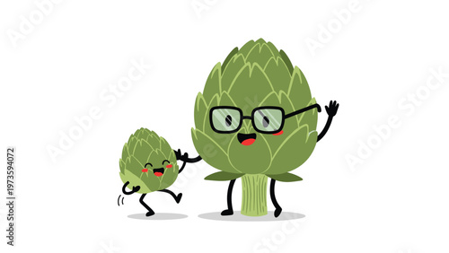 Two cute green artichoke characters representing a parent and child walking together happily on a white background.