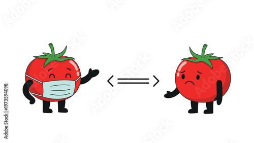 Two red tomato cartoon characters demonstrating social distancing with one wearing a mask and the other looking sad.