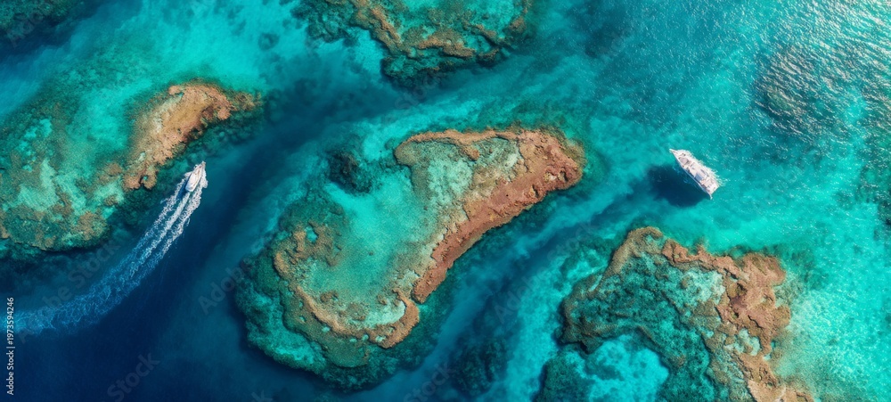 Fototapeta premium Aerial Top View of Tropical Islands and Coral Reef Patterns in Crystal Clear Turquoise Water, Abstract Organic Shapes, Bright Minimal High-Key Seascape with Luxury Travel Concept and Copy Space