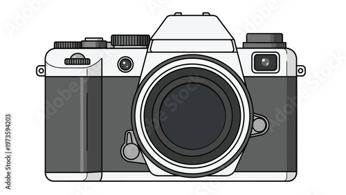 Detailed illustration of a vintage style 35mm film camera with various buttons and a large lens on white background.