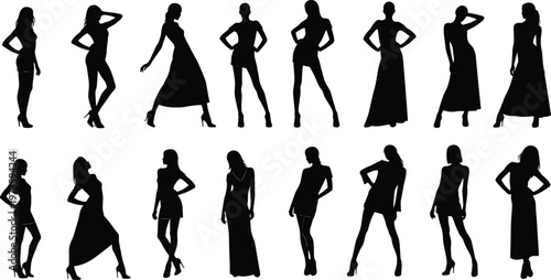 Collection of elegant female fashion model silhouettes posing in stylish dresses and casual outfits for beauty clothing retail and lifestyle vector design elements.