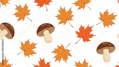 Seamless autumn pattern featuring brown mushrooms and orange maple leaves scattered across a clean white background.