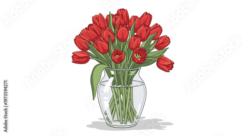 Elegant bouquet of vibrant red tulips in a clear glass vase filled with water isolated on a plain white background.