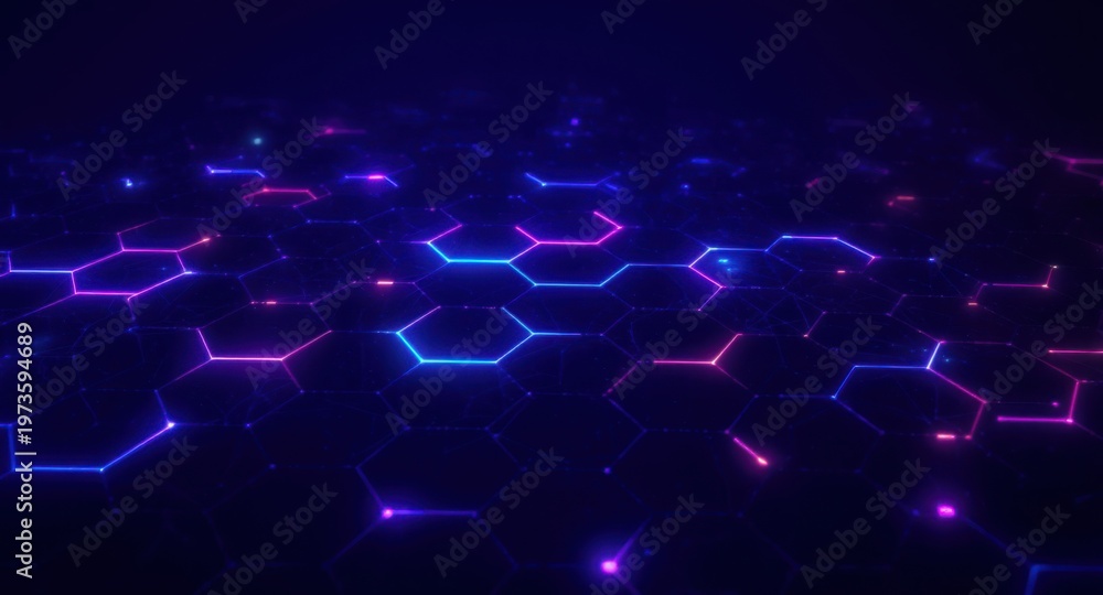 Fototapeta premium A futuristic digital grid of glowing hexagons with neon blue and purple lights on a dark background, representing technology and connectivity.