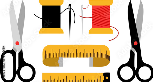 Tailor sewing kit vector set, professional dressmaking tools with scissors and thread spools, flat craft equipment for fashion design and needlework