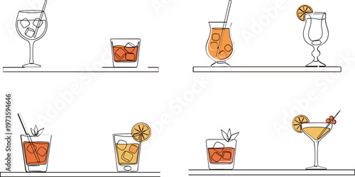 Cocktail Drink Icon Set Featuring Whiskey, Rum, Cocktail Glasses, and Ice Cubes for Bar, Beverage, and Party Designs