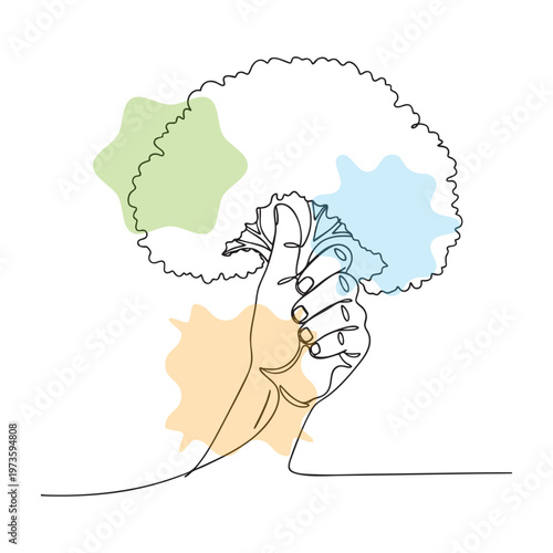 Woman holding head in frustration with colorful abstract brain illustration