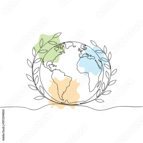 hand drawn world map with green leaves and watercolor continents