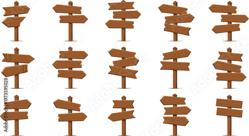 Wooden Directional Signpost Collection in Various Designs for Navigation, Outdoor, Travel, and Directional Illustration Designs