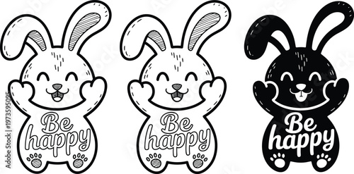 Cute bunny character outline and filled style set with happy expression playful rabbit illustration collection for kids design and stickers
