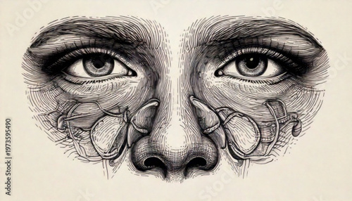 Close up of a mans aged eyes and nose in a detailed sketch.