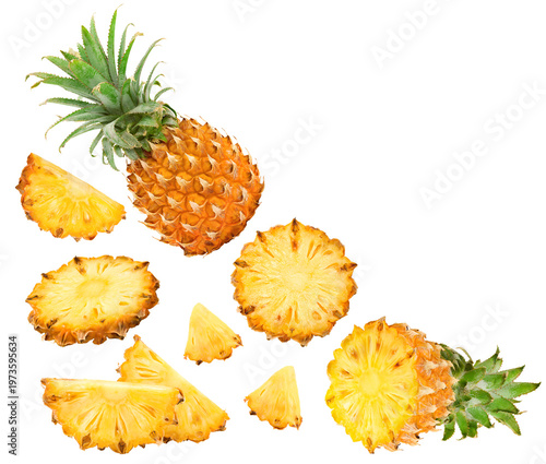 sliced pineapple isolated on white background. exotic fruit. clipping path