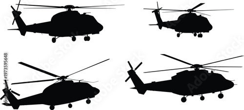 Military helicopter silhouettes, black aircraft vector, aviation transport chopper, cad drawing flat vector illustration, isolated design, side view collection