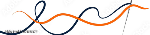 Minimalist sewing needle and thread vector, elegant navy and orange wavy stitching lines, tailor and embroidery craft logo element