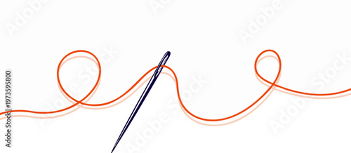 Minimalist sewing needle with orange thread vector, tailor needle and wavy string illustration, embroidery and handicraft concept on white background