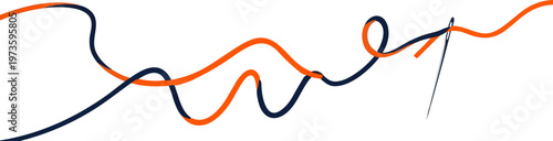 Minimalist sewing needle with orange thread vector, tailor needle icon with curved line, sewing equipment for fashion design and textile repair
