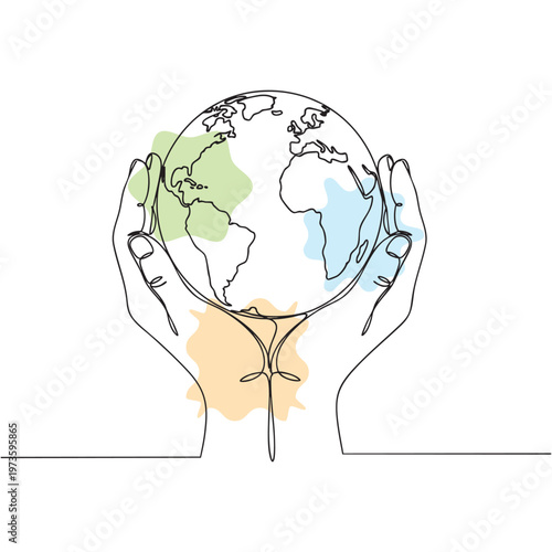Hands holding globe with world map and green continents for sustainability concept