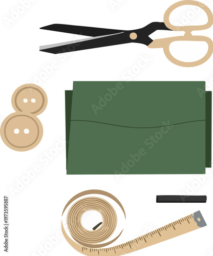Professional sewing kit with scissors and green fabric, tailor tools and dressmaking equipment vector, flat craft supplies for fashion design